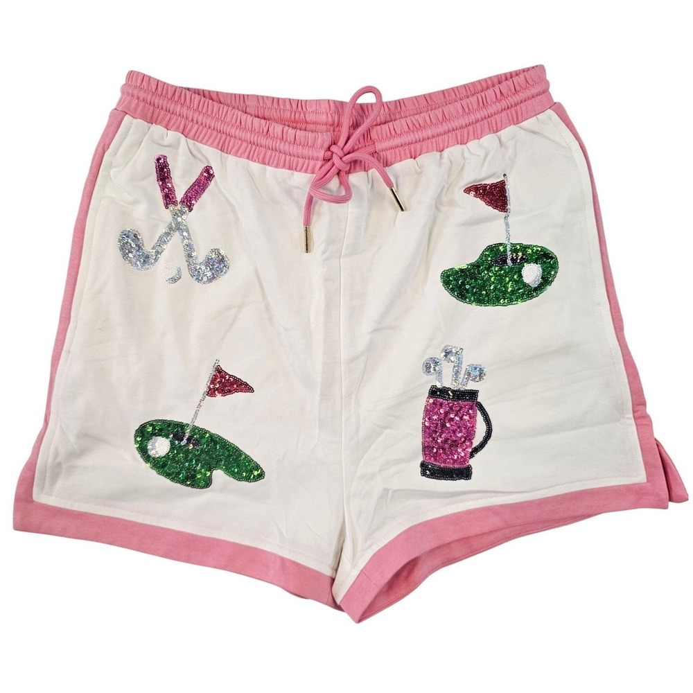 Fantastic FawnPink‎ White Sequin GolfPatch Shorts Drawstring Elastic Waist Small